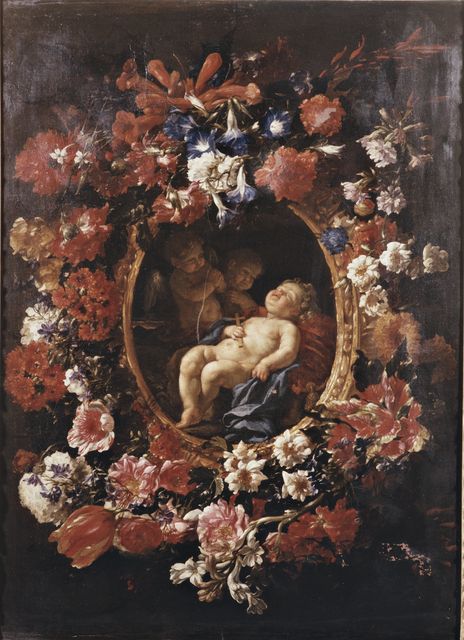 Anonimo — Cittadini Pier Francesco - ambito - sec. XVII - Ghirlanda di fiori con Gesù Bambino — insieme
